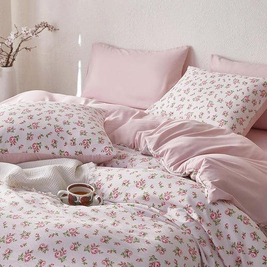 Wake In Cloud - Coquette Duvet Cover Set, Floral Cottagecore Flower Shabby Chic Cute Aesthetic, Soft Lightweight Bedding for Women Teen Girls, 3-Piece, Pink, Full Size