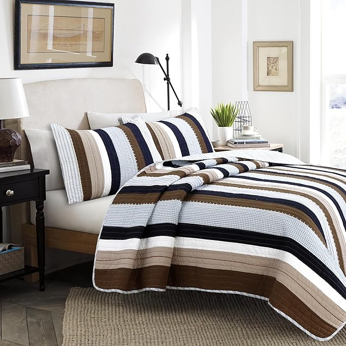Cozy Line Home Fashions Sailor Navy Blue Star Striped Print Cotton Reversible Bedding Quilt Set (Nathan Stripe, Queen)