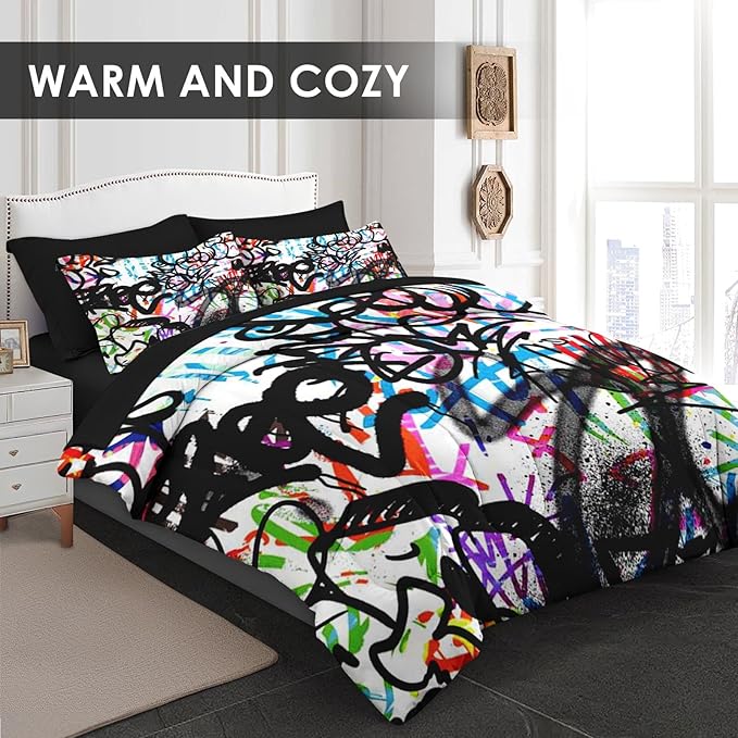 5 Pcs Twin Size Comforter Set with Pillowcase & Sham, Abstract Graffiti Bedding for Kids and Adults, Urban Modern Fashion Bed in a Bag with Flat Fitted Sheet
