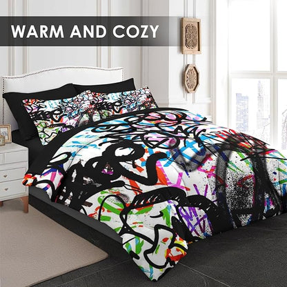 7 Pcs Queen Size Comforter Set with 2 Pillowcases & 2 Shams, Urban Modern Fashion Bedding for Kids and Adults, Abstract Graffiti Bed in a Bag with Flat Fitted Sheet