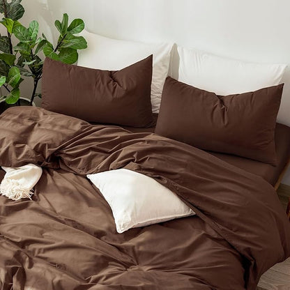 MooMee Bedding Pillowcases Pack of 2 100% Washed Cotton Linen Like Textured Breathable Durable Soft Comfy (Solid Cocoa Brown, Standard)