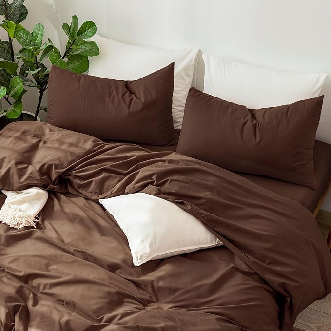 MooMee Bedding Pillowcases Pack of 2 100% Washed Cotton Linen Like Textured Breathable Durable Soft Comfy (Solid Cocoa Brown, King)