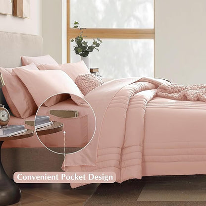 Monbix Full Comforter Set - 7 Pieces Light Pink Bed in a Bag Full Size Bedding Sets with Comforters, All Seasons Comforter with Sheets, Pillowcases & Shams