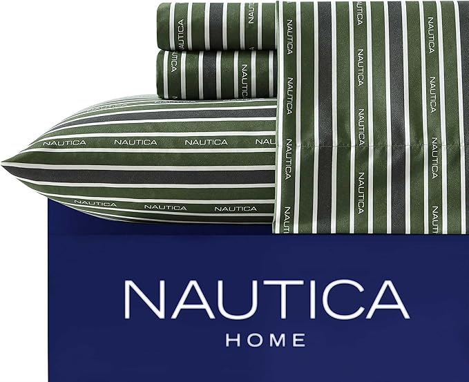 Nautica - Full Sheet Set, Breathable & Cooling Microfiber Bedding with Matching Sham(s), Casual Home Decor (Varadero Typeface Green, Full)