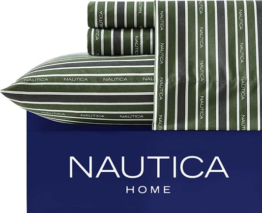 Nautica - Full Sheet Set, Breathable & Cooling Microfiber Bedding with Matching Sham(s), Casual Home Decor (Varadero Typeface Green, Full)