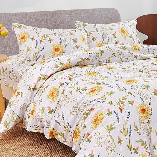 JSD Yellow Floral Duvet Cover Set King Size, 3 Piece Spring Printed Microfiber Comforter Covers Zipper Closure