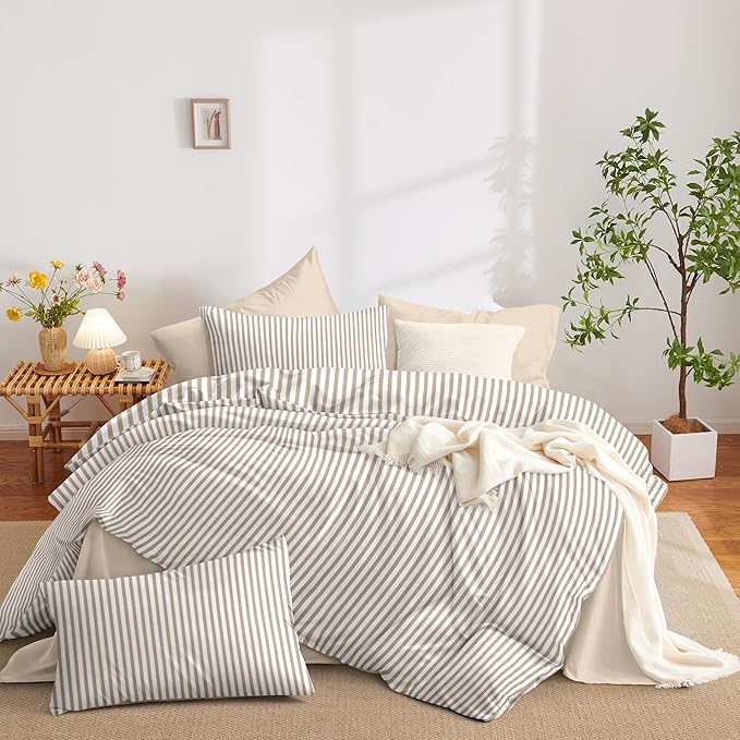 Nayoroom Tan Striped Duvet Cover Queen Size Light Brown Stripe Duvet Cover Dorm Bedding Set 3 Pieces Soft Lightweight Washed Microfiber Farmhouse Bedding Set Gifts for Women Men