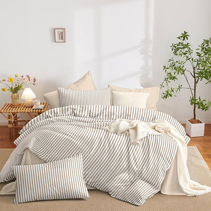 Nayoroom Tan Striped Duvet Cover Queen Size Light Brown Stripe Duvet Cover Dorm Bedding Set 3 Pieces Soft Lightweight Washed Microfiber Farmhouse Bedding Set Gifts for Women Men