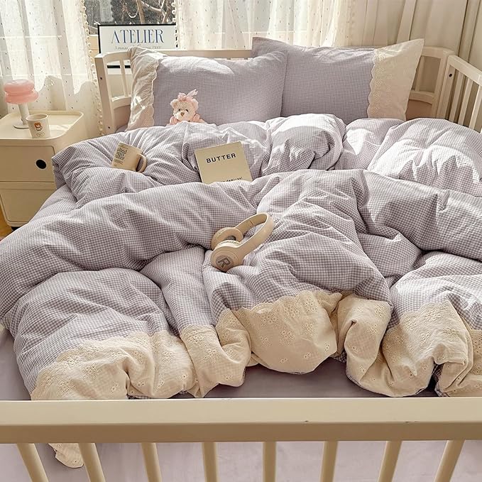 VM VOUGEMARKET Lavender Gingham Comforter Set Full 3 Pieces Lace Bedding Set Simple Cozy Mini Plaid Grid Comforter with 2 Lace Pillowcases for Girls Women