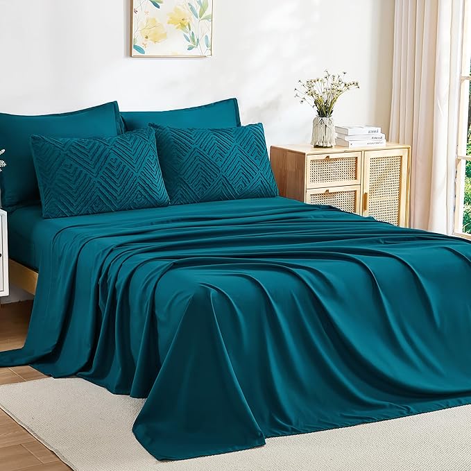 Andency Oversized King Size Comforter Set 7 Pieces Teal - Bed in a Bag Oversized King Boho Lightweight Fluffy Tufted Bedding Sets with Comforter, Sheets, Pillowcases & Shams