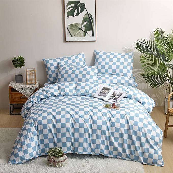 CLOTHKNOW Blue White Plaid Comforter Full Size Set Grid Bedding Comforter Sets All Season Soft Checker Comforter with 2 x Pillow Cases