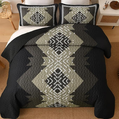 Dintszyayue Boho Quilt Set King Size, Black Aztec Texture Bedspread Set, 3 Pieces Texture Southwestern Bedding Set, Soft Lightweight Coverlet Set for All Season Bedding with 2 Pillowcases