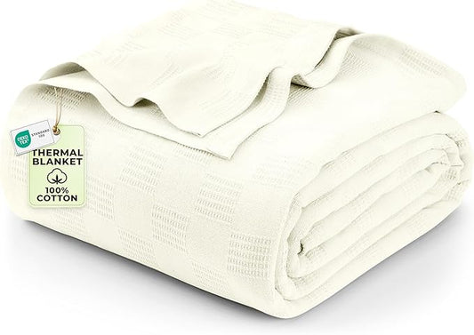 Utopia Bedding Ivory 100% Cotton Blanket [King Size - 90x108 Inch] Lightweight, Soft and Breathable Thermal Blanket for All Seasons