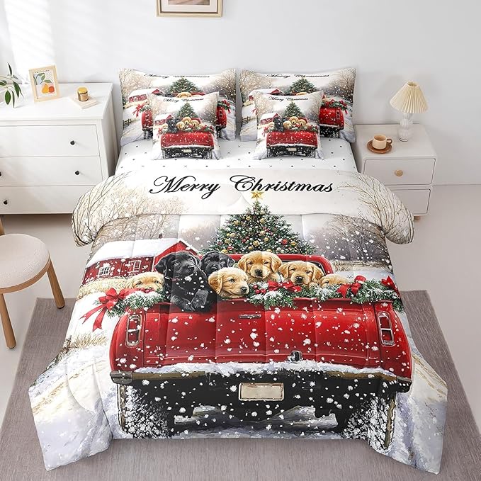 Farmhouse Christmas Dog Comforter Set 7 Pieces,Red Christmas Trees Truck Bed Set,Rustic Style Bedding Bed in a Bag,Queen (1 Comforter,2 Pillowcase,2 Pillow Covers,1 Flat Sheet,1 Fitted Sheet)