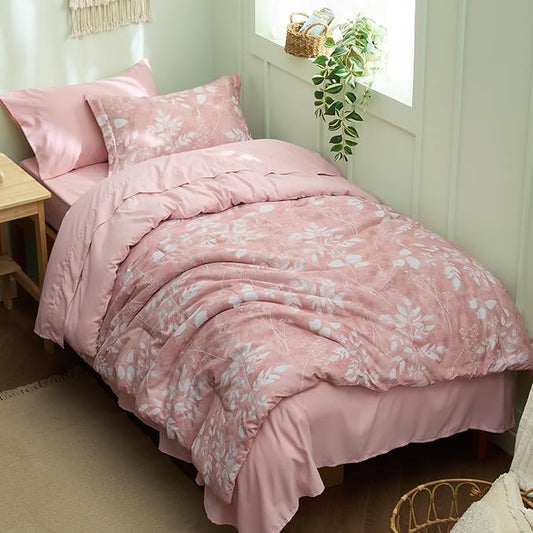 Bedsure Pink Twin XL Comforter Set - 5 Pieces Floral Bedding Sets Twin XL Bed in a Bag with Reversible Botanical Flowers Comforter, Sheets, Pillowcase & Sham