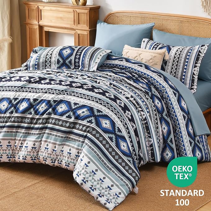 Dinjoy Navy Boho Comforter Set Queen Size,7 Pieces Bed in a Bag Queen Dark Blue Aztec Bedding with Sheets Bohemian Geometric Striped Complete Set for Fall Winter 90"x90"