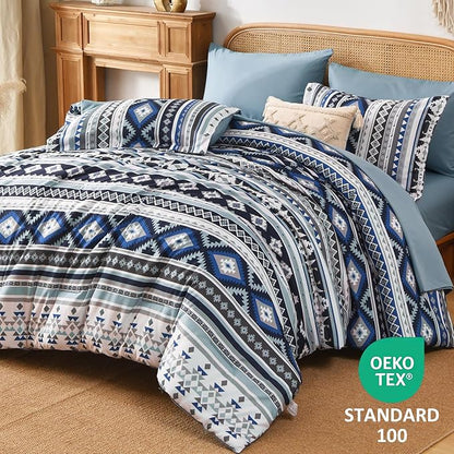 Dinjoy Navy Boho Comforter Set Queen Size,7 Pieces Bed in a Bag Queen Dark Blue Aztec Bedding with Sheets Bohemian Geometric Striped Complete Set for Fall Winter 90"x90"