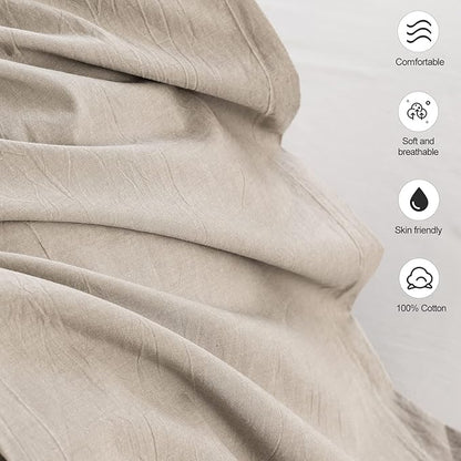 MooMee Bedding Pillowcases Pack of 2 100% Washed Cotton Linen Like Textured Breathable Durable Soft Comfy (Heathered Tannish Linen Grey, Queen)