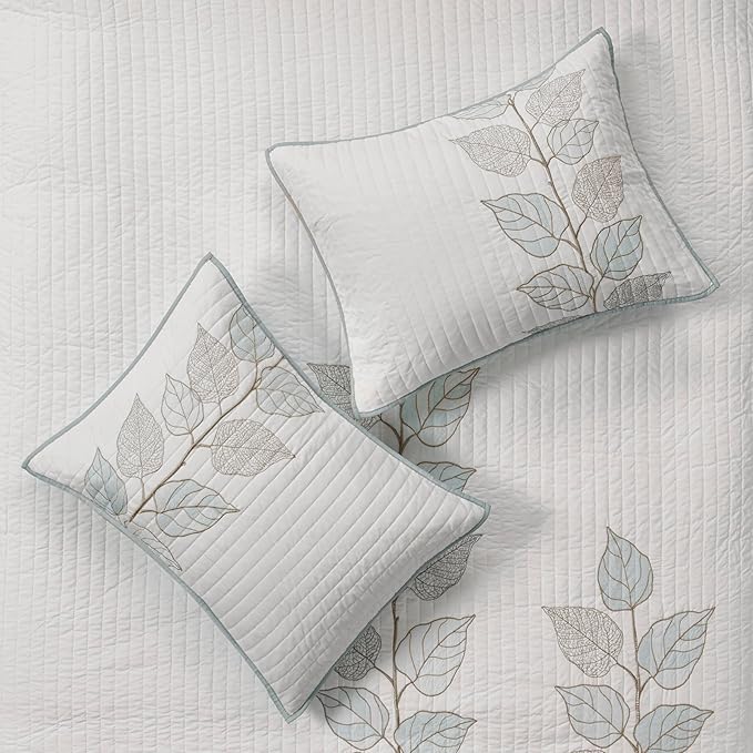 Madison Park Caelie Quilt Modern Classic Design All Season, Breathable Coverlet Lightweight Bedding Set, Matching Shams, Decorative Pillow, Full/Queen(90"x90"), Leaf Blue 6 Piece