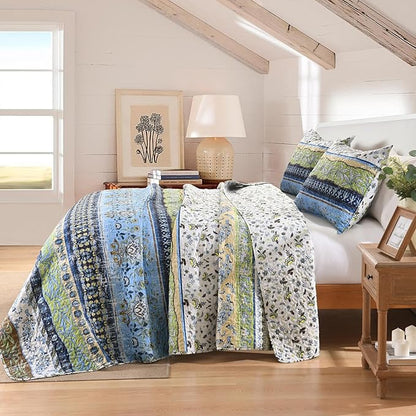 HORIMOTE HOME Boho Style Twin Size Quilt Set Green Bohemian Floral Strip Quilt Beddding Set, Soft and Lightweight Bedspread for All Season,XL Twin Bed Coverlet with 1 Matching Pillow Sham (2 Pieces)