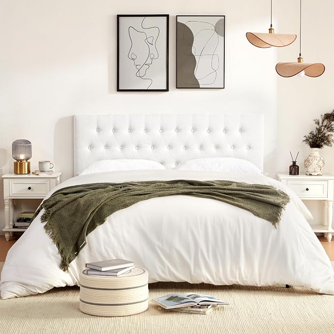 Upholstered Headboard California King, Adjustable Height 37''- 51'', White | Sturdy Durable Solid Wood Bed Headboard, Tufted Fabric California King Headboard, Modern Button Diamond Design Head Board