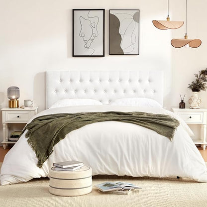 Upholstered Headboard California King, Adjustable Height 37''- 51'', White | Sturdy Durable Solid Wood Bed Headboard, Tufted Fabric California King Headboard, Modern Button Diamond Design Head Board
