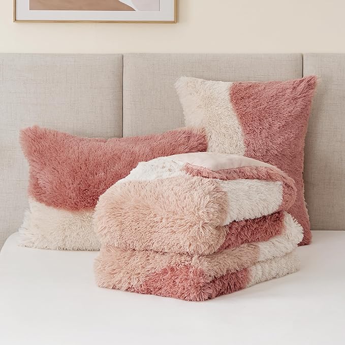 Intelligent Design Soft & Cozy Shaggy Faux Fur Comforter Set, Trendy Ombre Design with Vibrant Color, All Season, Down Alternative Bedding, Matching Sham, Cassie Full/Queen Blush Multi 3 Piece