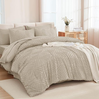 Andency Comforter Full Size Set with Sheets Oatmeal - 7 Pieces Bed in a Bag Boho Tufted Bedding Sets Fluffy Lightweight Full Bed Set with Comforter, Sheets, Pillowcases & Shams for All Season