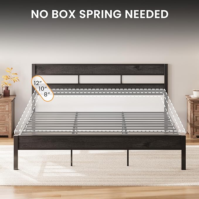 LIKIMIO King Bed Frame, with Headboard, Easy Assembly, Noise-Free, No Box Spring Needed, Heavy Strong Metal Support Frames, Charcoal Grey