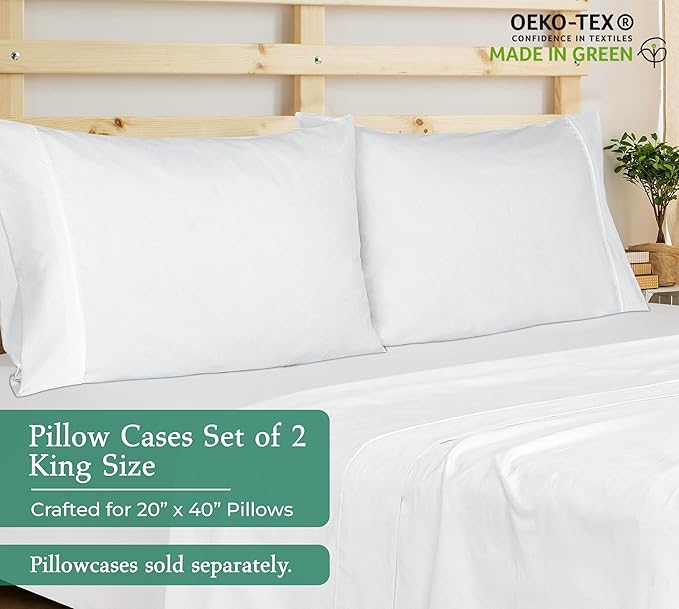 Royale Linens King Pillowcase Set of 2 - Bed Pillow Cover - 20" x 40" -White Pillowcases - 1800 Brushed Microfiber, Wrinkle & Fade Resistant - Soft & Cozy- King Size Pillow Case (White)