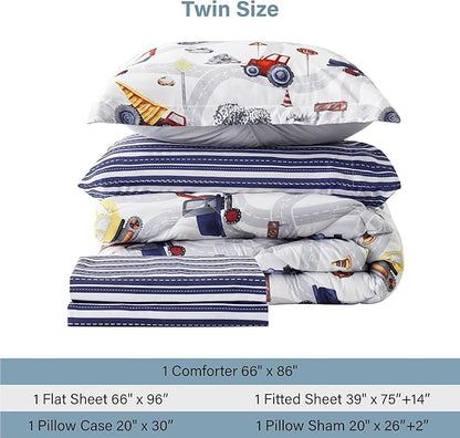 Truck Twin Comforter Set for Boys, 5 Pieces Kids Bedroom Bedding Set with Sheets and Pillowcase, Super Soft Lightweight for All Seasons, Car, Machine Washable