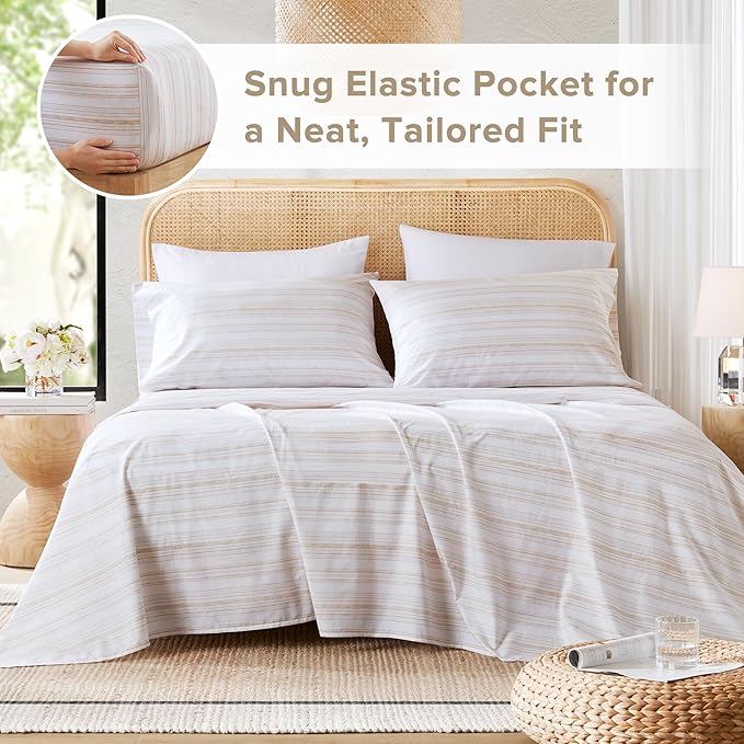 Comfort Spaces 100% Cotton Sheets King, Breathable, Naturally Cool Cotton Sheets, Cotton Bed Sheets with 14" Elastic Pocket Fits up to 16" Mattress, All Seasons Sheet Set, Good Vibes Taupe 4 Piece