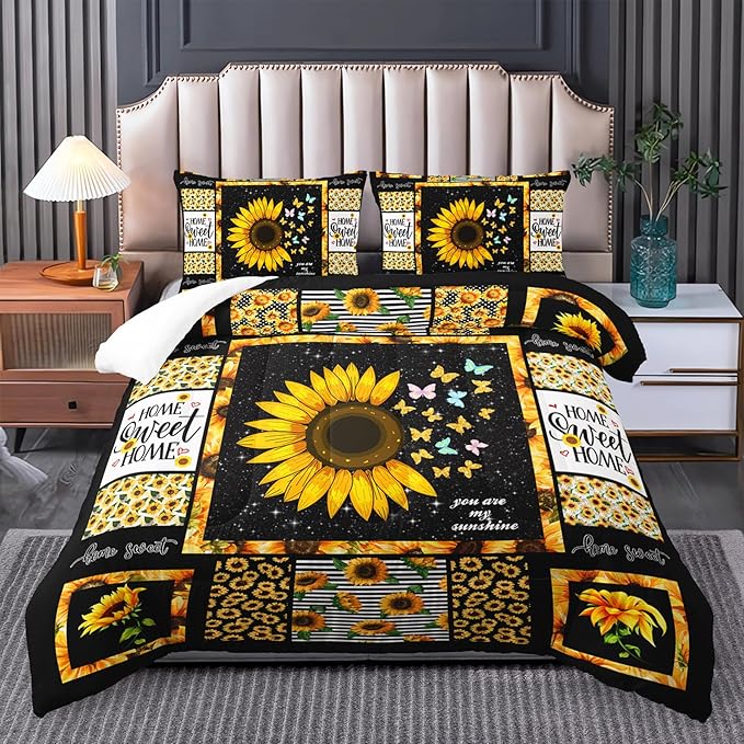 Sunflower Bedding - King Quilt, Comforter, Bedding Sets for Girls & Boys - Boho, Western Style, Yellow Sunflower Pattern