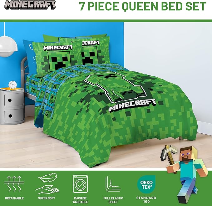 Jay Franco Kids Comforter Set Includes Sheets and Pillow Covers - Soft and Cozy Bed Set for Stylish Room Decor, Green - Minecraft Creeper, 7 Piece Queen Size Bedding