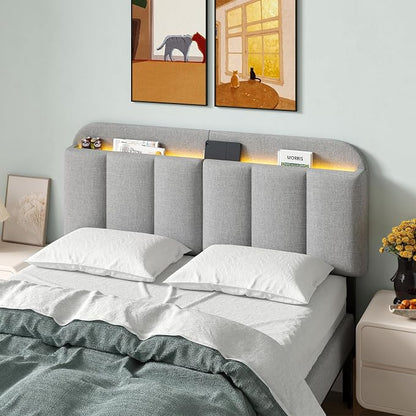 Adjustable Headboard for Full/Queen Size Bed Frame, Linen Fabric Bed Headboard with Storage & RGB LED Light in Modern Vertical Channel Design, Light Grey