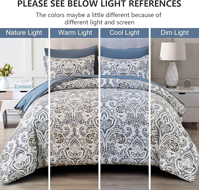 Drucon Blue Paisley Comforter Set Queen,7 Pieces Bed in a Bag Comforter Boho Paisley Pattern Bedding Set Soft Microfiber(1 Comforter,1 Flat Sheet, 1 Fitted Sheet,2 Pillowcases, 2 Pillow Shams)
