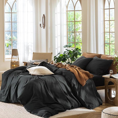 MooMee Bedding Duvet Cover Set 100% Washed Cotton Linen Like Textured Breathable Durable Soft Comfy (Solid Black, Oversized King Plus 128"x120")