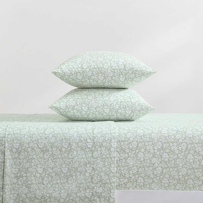 Laura Ashley - Sheets, Cotton Percale Bedding Set, Lightweight & Breathable Room Essentials (Heirloom Ditzy Green, King)