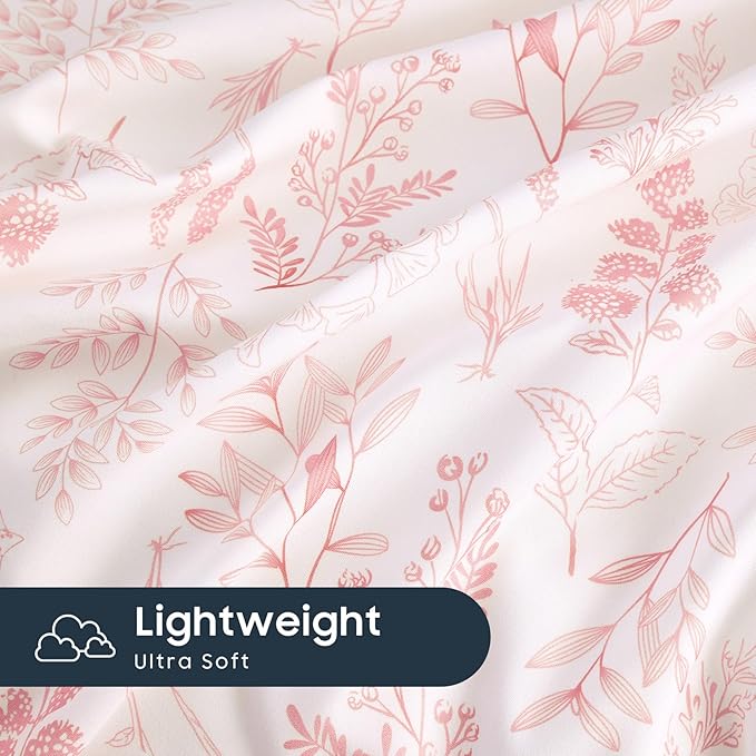 Wake In Cloud - Floral Duvet Cover Set, Botanical Vintage Flower Coquette Cottagecore Aesthetic for Women Teen Girls, Soft Lightweight Bedding, 3-Piece, Blush Pink, Queen Size