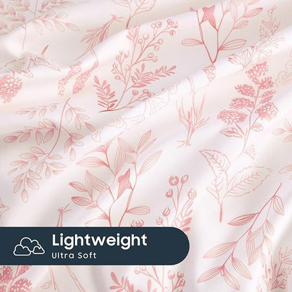 Wake In Cloud - Floral Duvet Cover Set, Botanical Vintage Flower Coquette Cottagecore Aesthetic for Women Teen Girls, Soft Lightweight Bedding, 3-Piece, Blush Pink, Queen Size