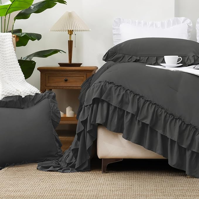 Andency Dark Grey King Comforter Set, Gray Ruffle Farmhouse Shabby Chic Bedding Set, All Season Soft Lightweight Down Alternative Polyester Bed Comforter Sets