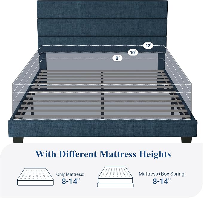 Allewie Queen Size Platform Bed Frame with Fabric Upholstered Headboard | Wooden Slats Support, Fully Upholstered Mattress Foundation, No Box Spring Needed, Easy Assembly, Noise-Free, Blue