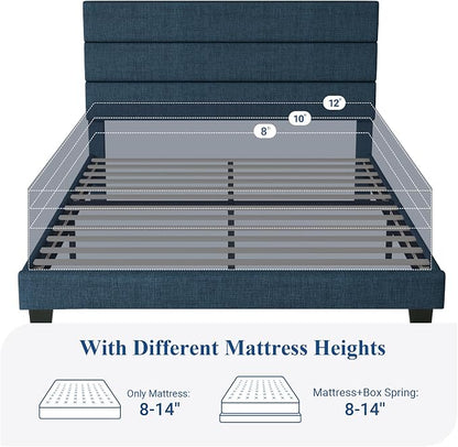 Allewie Queen Size Platform Bed Frame with Fabric Upholstered Headboard | Wooden Slats Support, Fully Upholstered Mattress Foundation, No Box Spring Needed, Easy Assembly, Noise-Free, Blue