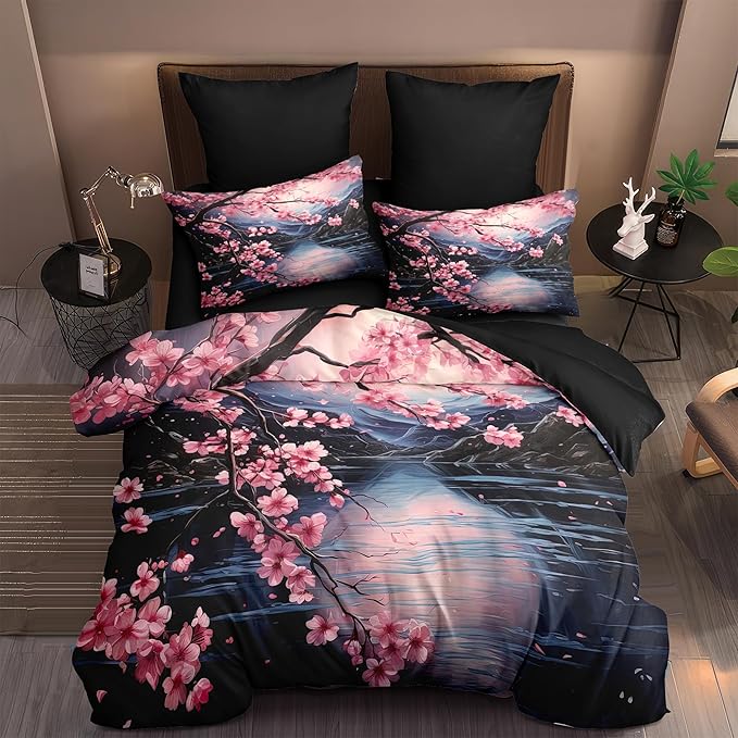 Japanese Style Comforter Set Twin,Cherry Blossom Lightweight Comforter for Girls, 2Pcs Black Pink Floral Painting Soft Bedding Set with 2 Pillowcases,Great Bedroom Decor
