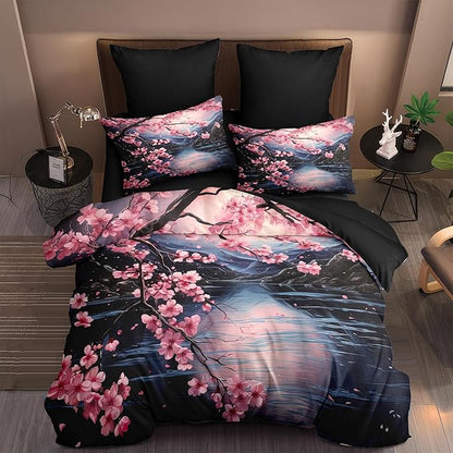 Japanese Style Comforter Set Twin,Cherry Blossom Lightweight Comforter for Girls, 2Pcs Black Pink Floral Painting Soft Bedding Set with 2 Pillowcases,Great Bedroom Decor