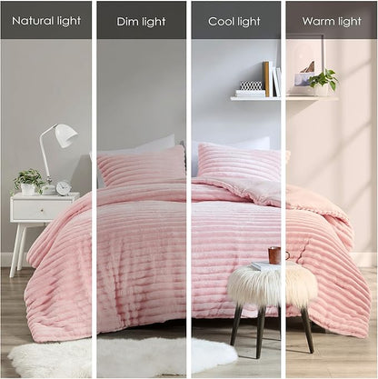 Intelligent Design Queen Comforter Set, Cozy Plush Bedding, Microfiber Reverse, 3 Piece, Lightweight, Super Soft Ribbed Velvet Comforter 2 Shams, All Season Fluffy Bed Set, Avril, Full/Queen Pink