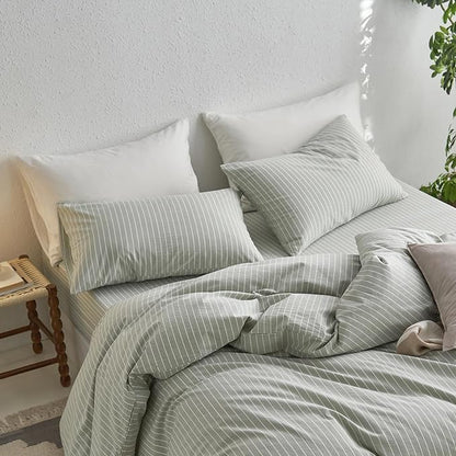 MooMee Bedding Pillowcases Striped Pack of 2 100% Washed Cotton Linen Like Textured Breathable Durable Soft Comfy (Sage Green White Wide Stripes, Queen)