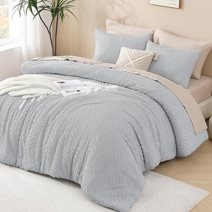 Andency Light Grey Comforter Oversized King Size Set 120''x98'', 3 Pieces Gray Soft Boho Bedding Set & Collections, Tufted Fluffy Shabby Chic Bed Set for All Seasons (1 Comforter, 2 Pillowcases)