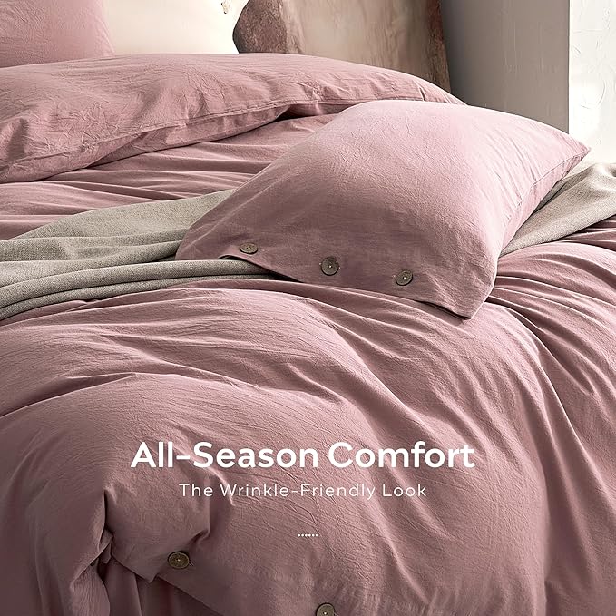 JELLYMONI 100% Washed Cotton Duvet Cover Full – Soft, Breathable Linen-Look Bedding with Natural Wrinkle Texture, Button Closure, 3-Piece Set (Darker Rose, 80"x90")