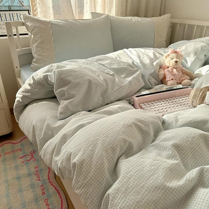 HighBuy Blue Gingham Comforter Set Full,Vintage Chic Plaid Grid Printed Bedding Comforter with 2 Pillowcases,Lace Ruffled Grid Comforters Fluffy Soft Checkered Comforter Set Plaid Bedding Sets